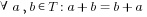 forall a,b in T: a+b=b+a
